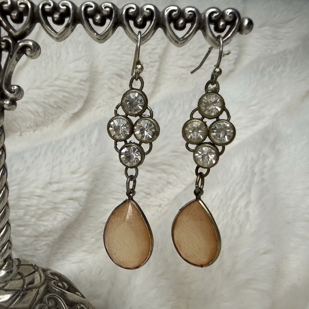 Vintage Style Dangle Drop Hook Earrings Peach Stone Silver Tone